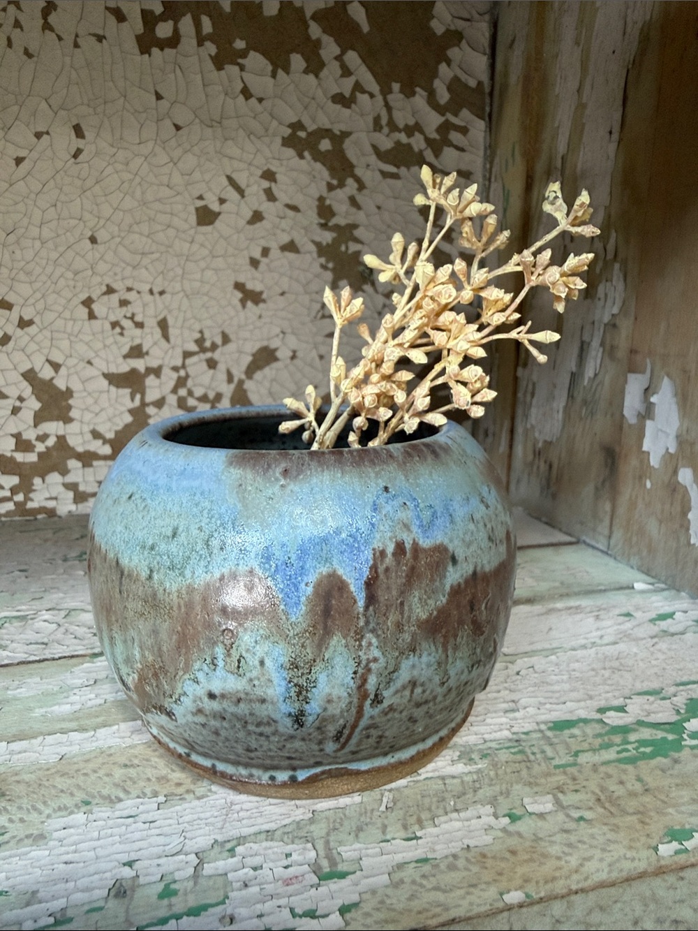 🍂 Vintage Ceramic Blue and Brown Glazed Round Bowl Vase Handmade